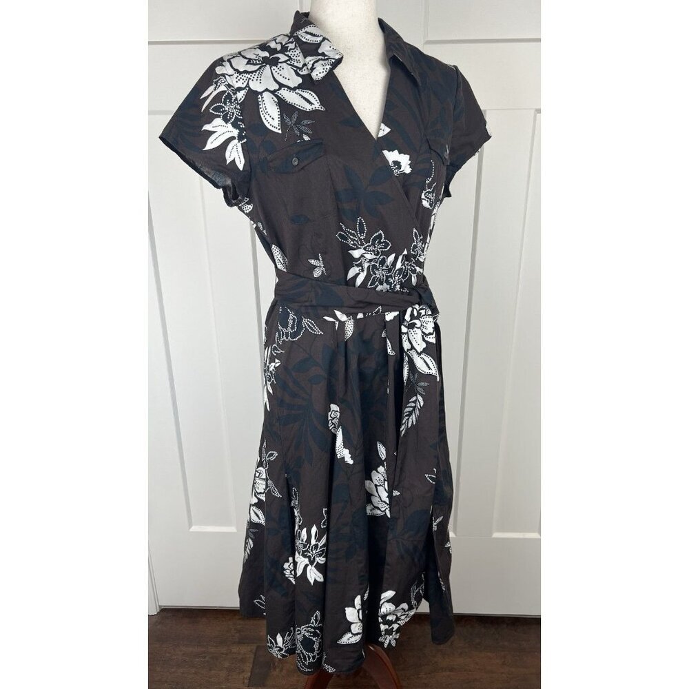 Talbots Fit & Flare Dress 12 Brown Cream Floral Faux Wrap Belted Midi - Picture 8 of 10